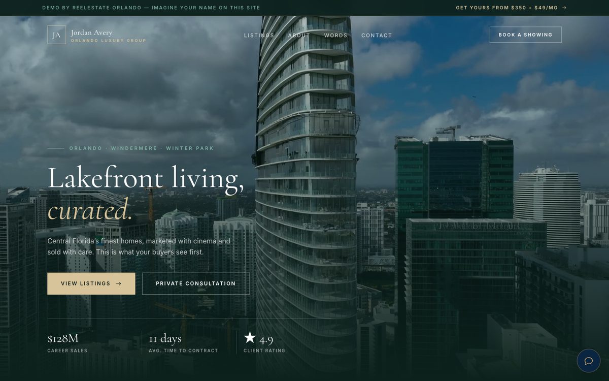 Luxury agent, one page demo website built by ReelEstate Orlando